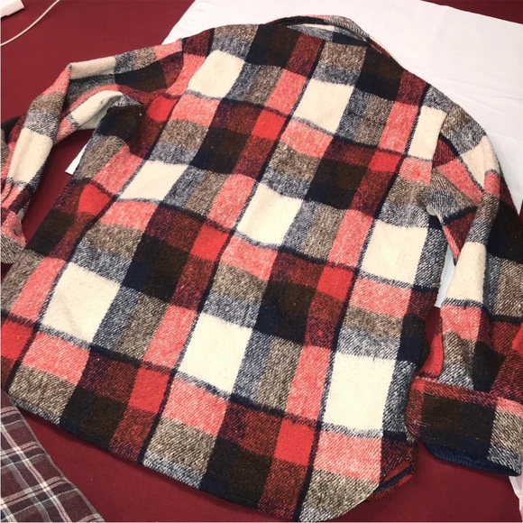 Vintage CPO red WIDE PLAID wool JACKET montgomery Ward Flannel anchor buttons M - Picture 7 of 10
